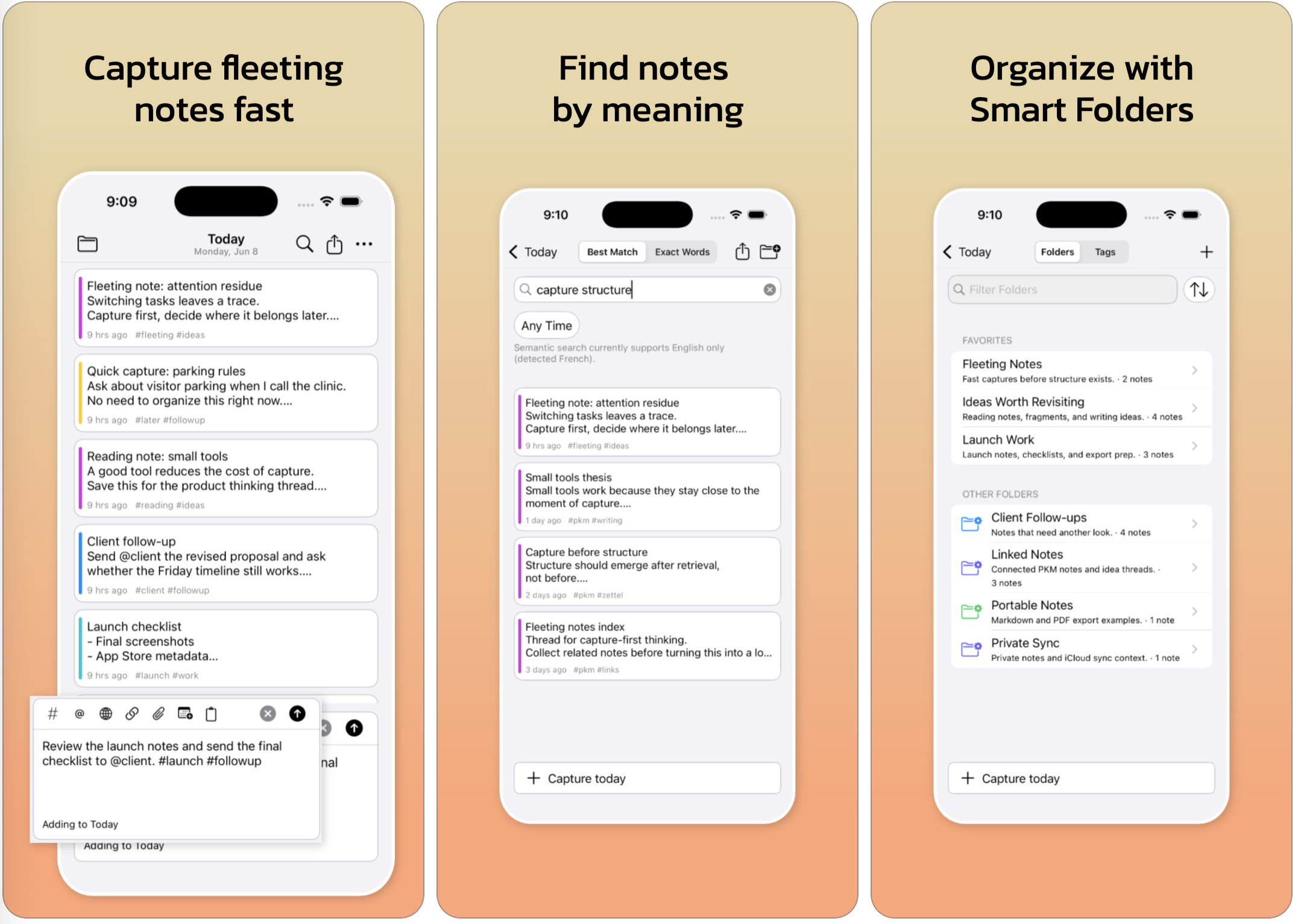 LogPad iPhone screenshots showing quick capture, search, Smart Folders, and export