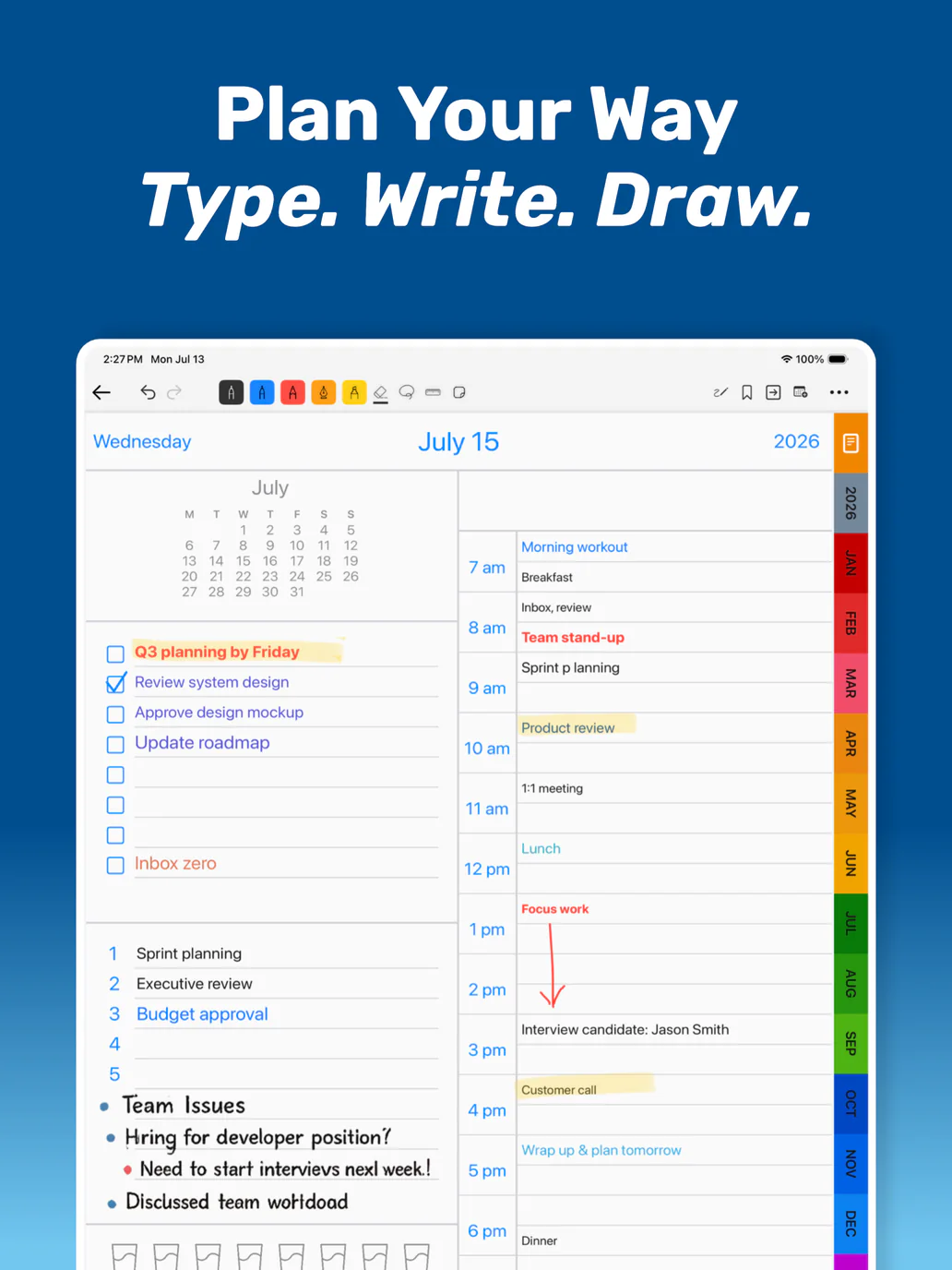 PencilTime 1.10 Day page combining typed todos and schedule notes with Apple Pencil handwriting