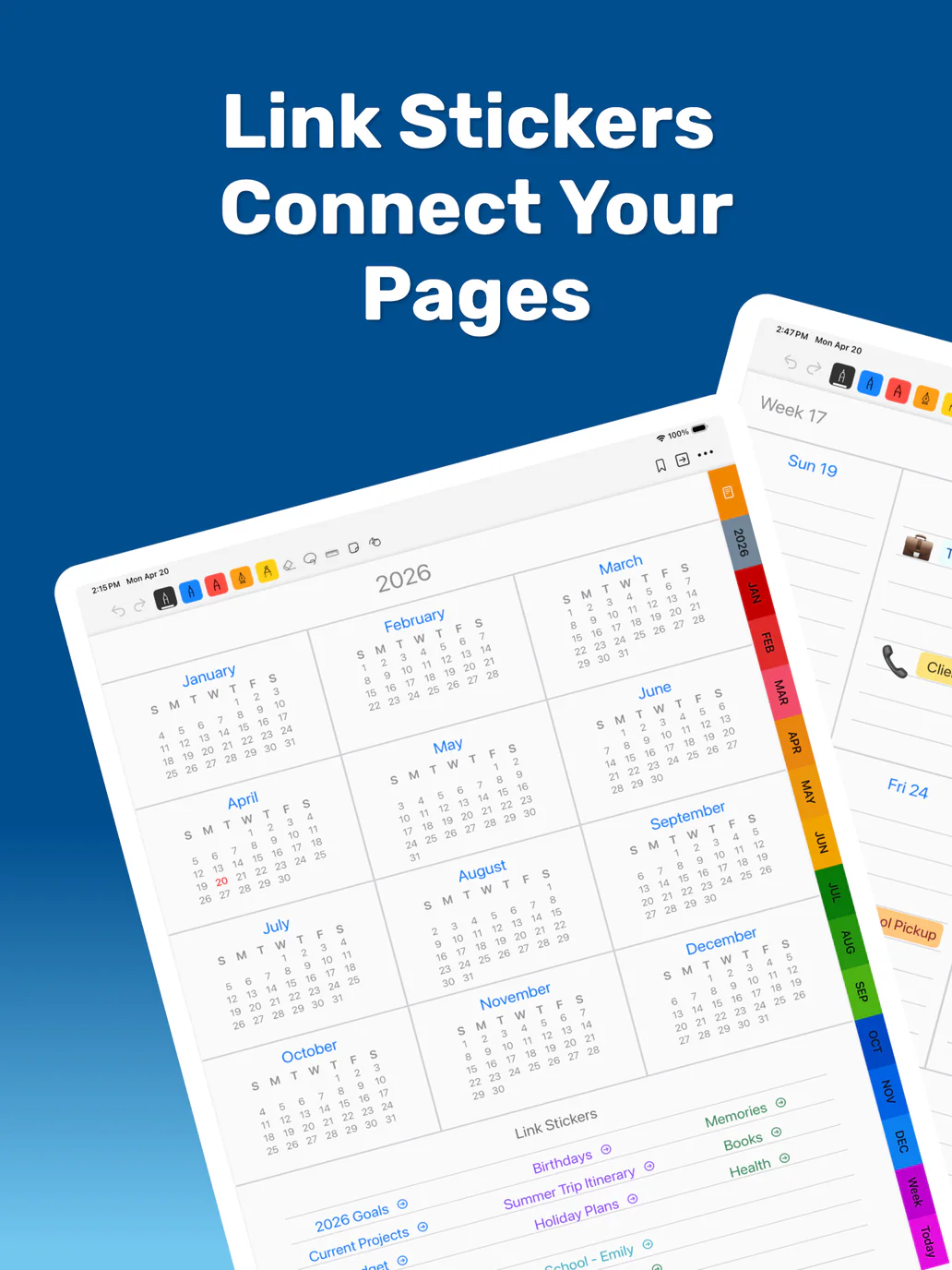 PencilTime Year and Week pages connected with colorful Link Stickers