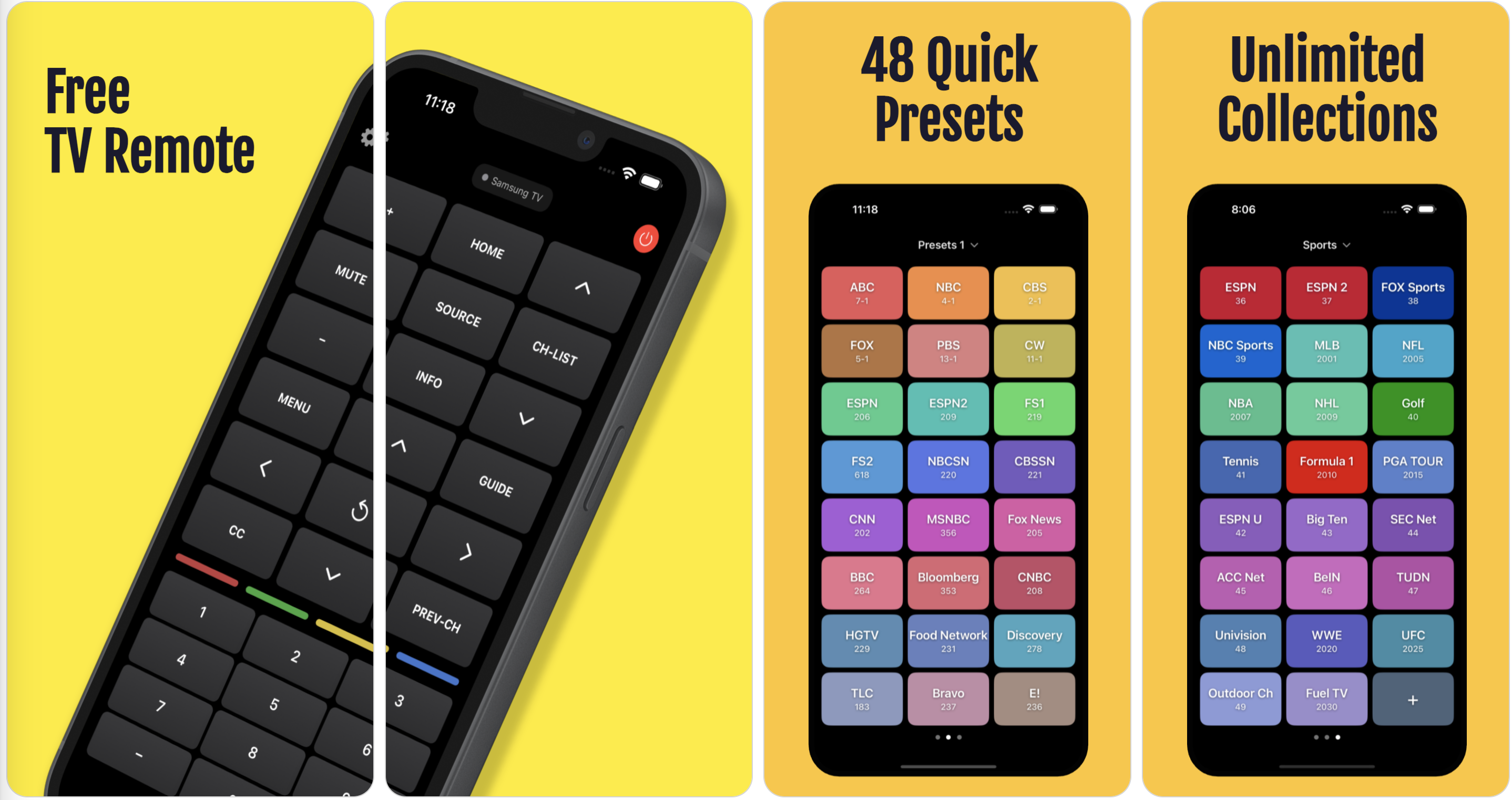 TV-Presets iPhone screenshots showing a Samsung TV remote and channel preset collections